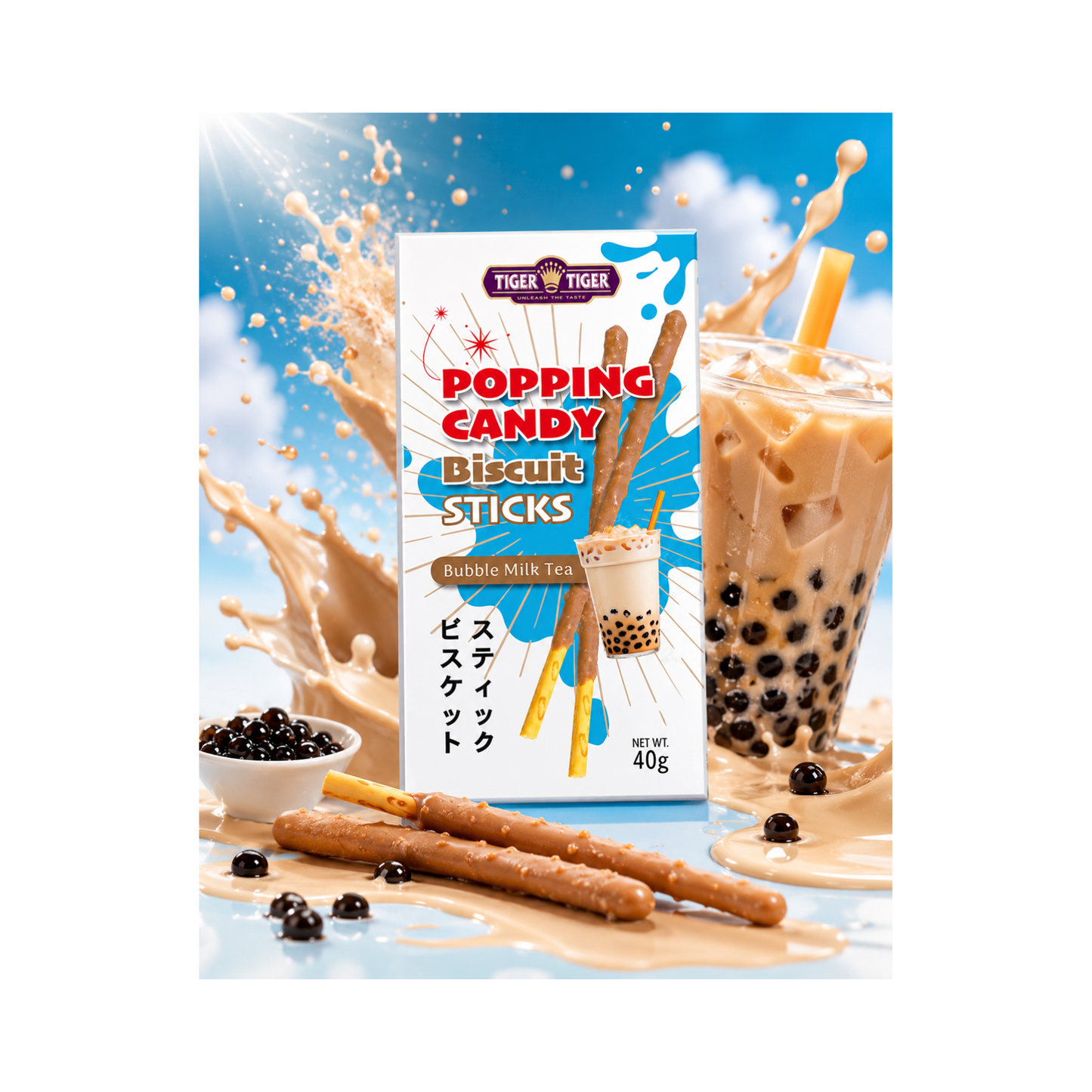 Tiger Tiger Popping Candy Biscuit Sticks (1 x Bubble Milk Tea, 1 x Cookies & Cream, 1 x Cappuccino) 3 Flavours, 40g (Pack of 3)