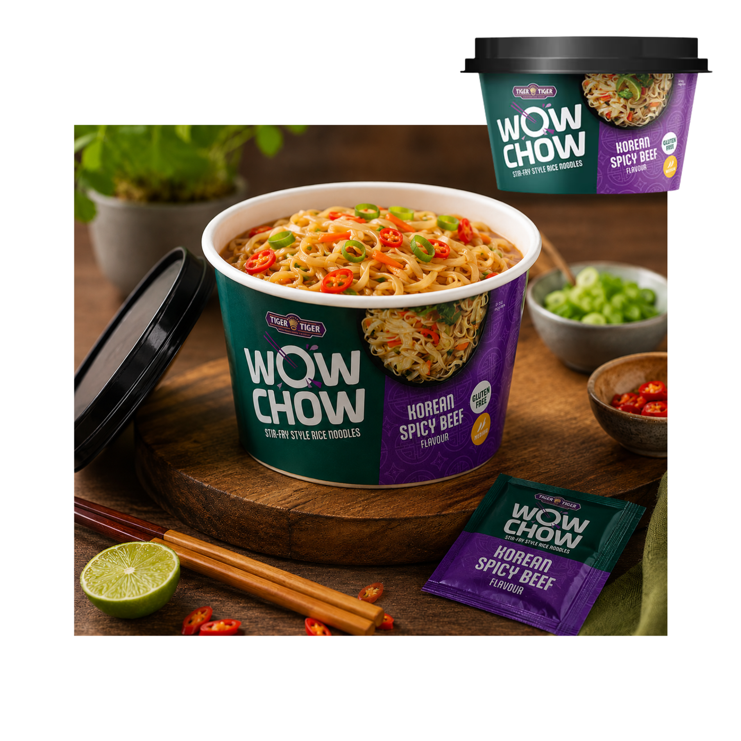 Tiger Tiger Wow Chow Korean Spicy Beef Pho Instant Noodle 76g x 6 Pots, Gluten-free, Stir-fry Style, Rice Noodles