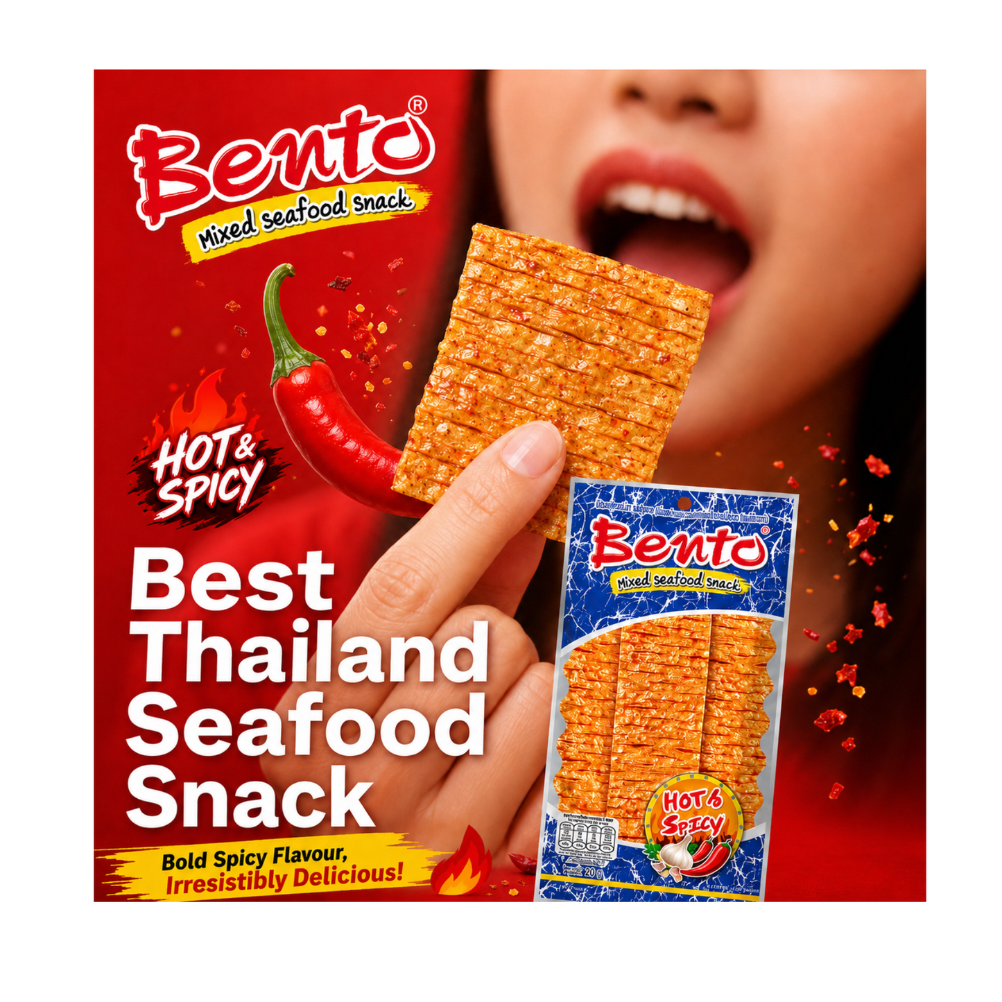 Bento Thai Mixed Seafood Snack 20g, (3 x Hot & Spicy, 3 x Sweet & Spicy) (Pack of 6)