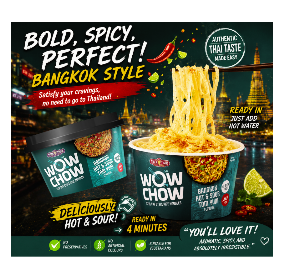 Tiger Tiger Wow Chow Bangkok Hot & Sour Tom Yum Pho Instant Noodle 76g x 6 Pots, Gluten-free, Thai Stir-fry Style, Rice Noodles