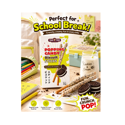 Tiger Tiger Popping Candy Biscuit Sticks – Cookies & Cream Flavour 40g (1 Pack)