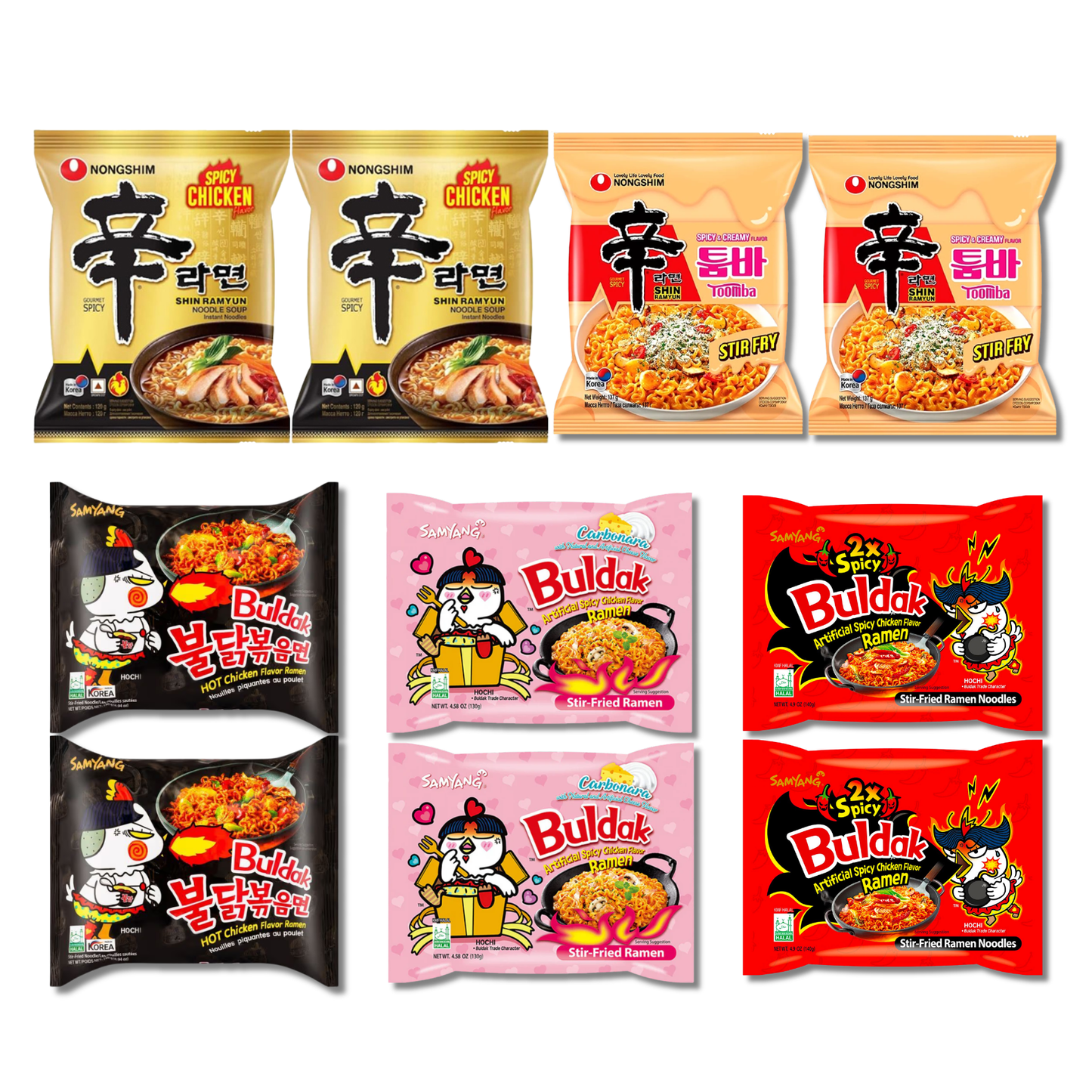 Meowtail Samyang & Nongshim Korean Spicy Noodle Bundle Pack (Samyang Carbonara, Hot Spicy, 2X Spicy, Nongshim Shin Ramyun & Toomba), 10 Packs