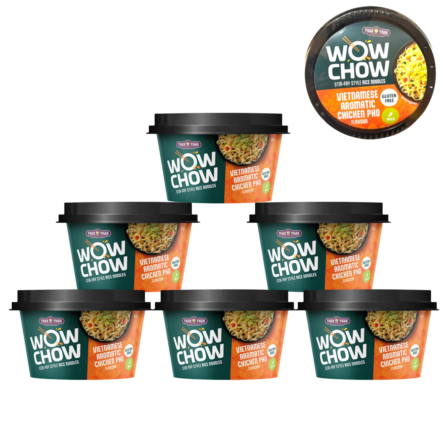 Tiger Tiger Wow Chow Aromatic Chicken Pho Instant Noodle 76g x 6 Pots, Gluten-free, Vietnamese Stir-fry Style, Rice Noodles
