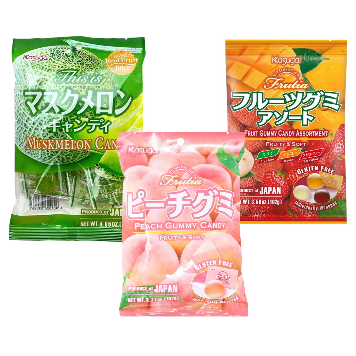 Kasugai Japanese Fruit Gummy & Candy Pack of 3 (Fruit Gummy Assortment 102g, Peach Gummy 107g and Muskmelon Candy 115g)
