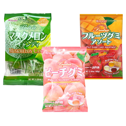 Kasugai Japanese Fruit Gummy & Candy Pack of 3 (Fruit Gummy Assortment 102g, Peach Gummy 107g and Muskmelon Candy 115g)