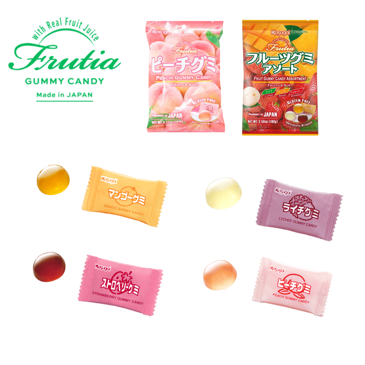 Kasugai Japanese Fruit Gummy & Candy Pack of 3 (Fruit Gummy Assortment 102g, Peach Gummy 107g and Muskmelon Candy 115g)