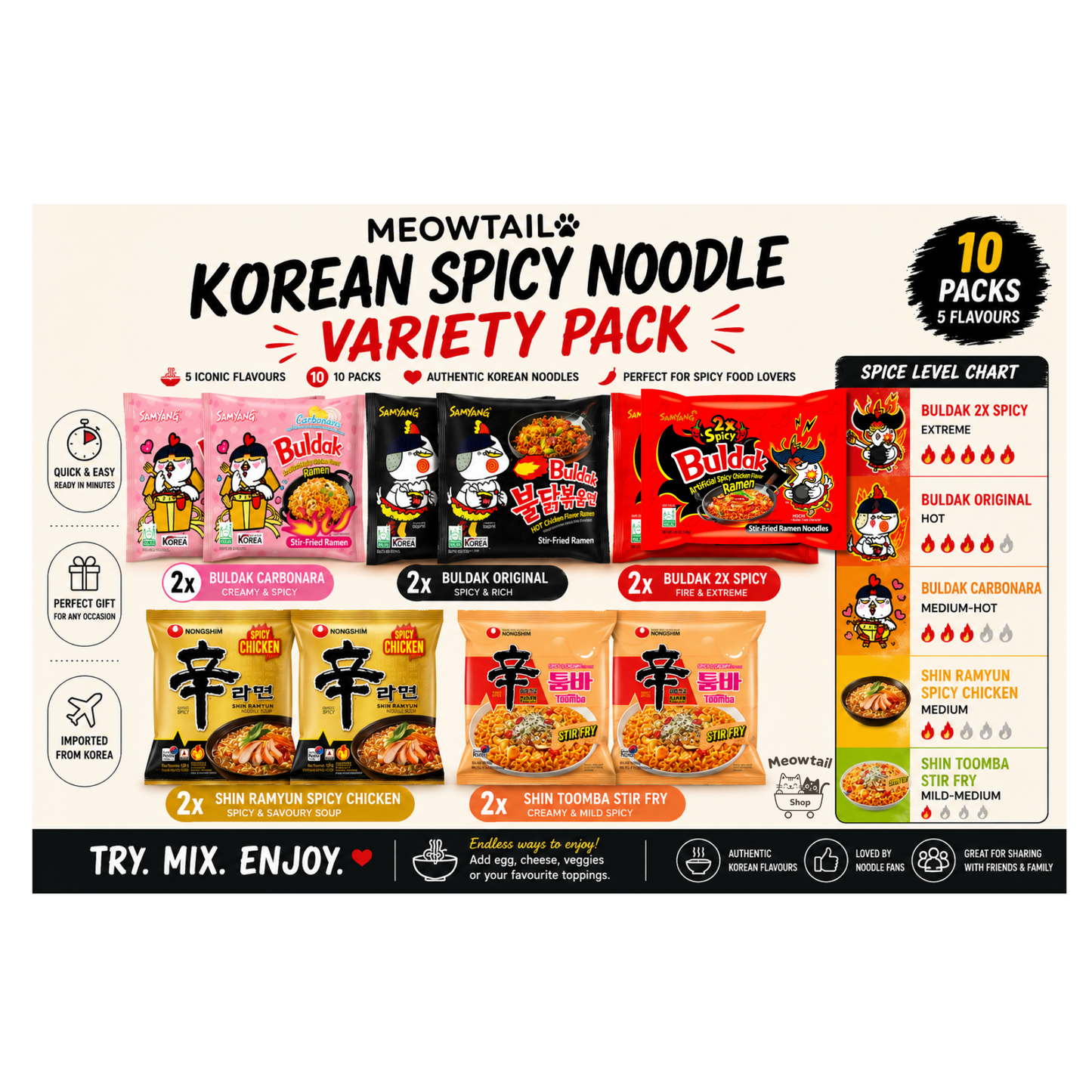 Meowtail Samyang & Nongshim Korean Spicy Noodle Bundle Pack (Samyang Carbonara, Hot Spicy, 2X Spicy, Nongshim Shin Ramyun & Toomba), 10 Packs