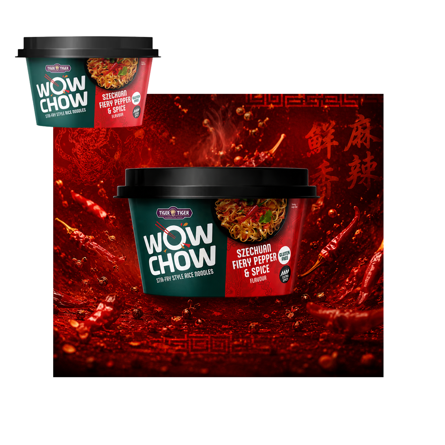 Tiger Tiger Wow Chow Szechuan Fiery Pepper Pho Instant Noodle 76g x 6 Pots, Gluten-free, Stir-fry Style, Rice Noodles