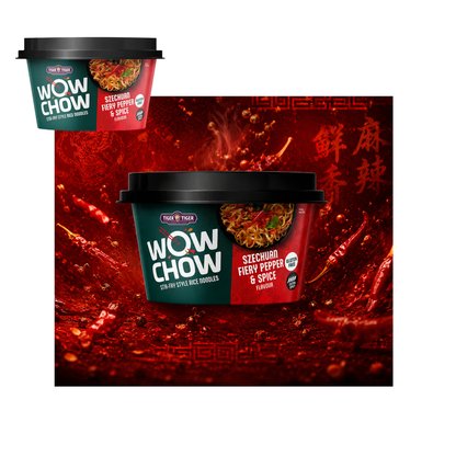 Tiger Tiger Wow Chow Szechuan Fiery Pepper Pho Instant Noodle 76g x 6 Pots, Gluten-free, Stir-fry Style, Rice Noodles