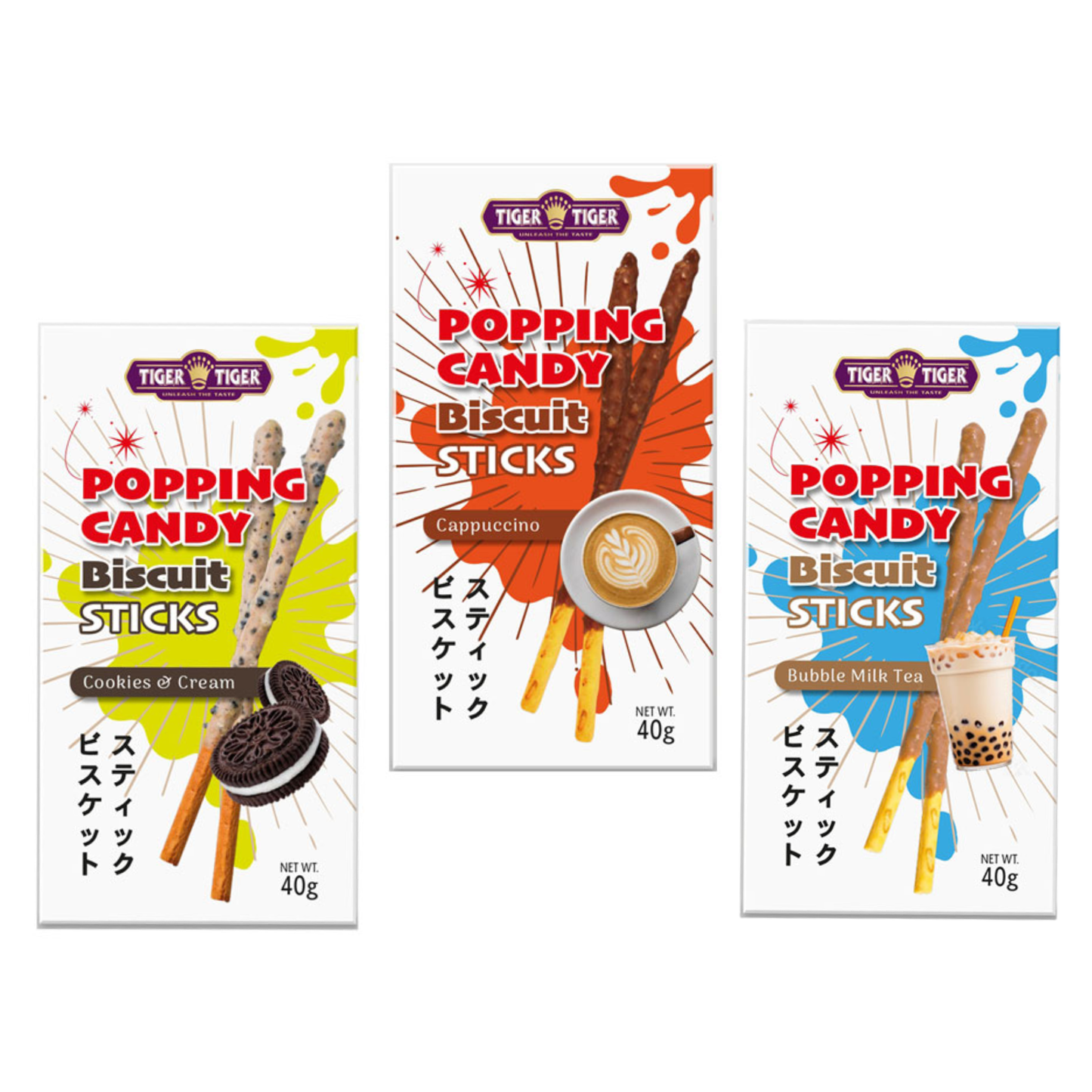 Tiger Tiger Popping Candy Biscuit Sticks (1 x Bubble Milk Tea, 1 x Cookies & Cream, 1 x Cappuccino) 3 Flavours, 40g (Pack of 3)