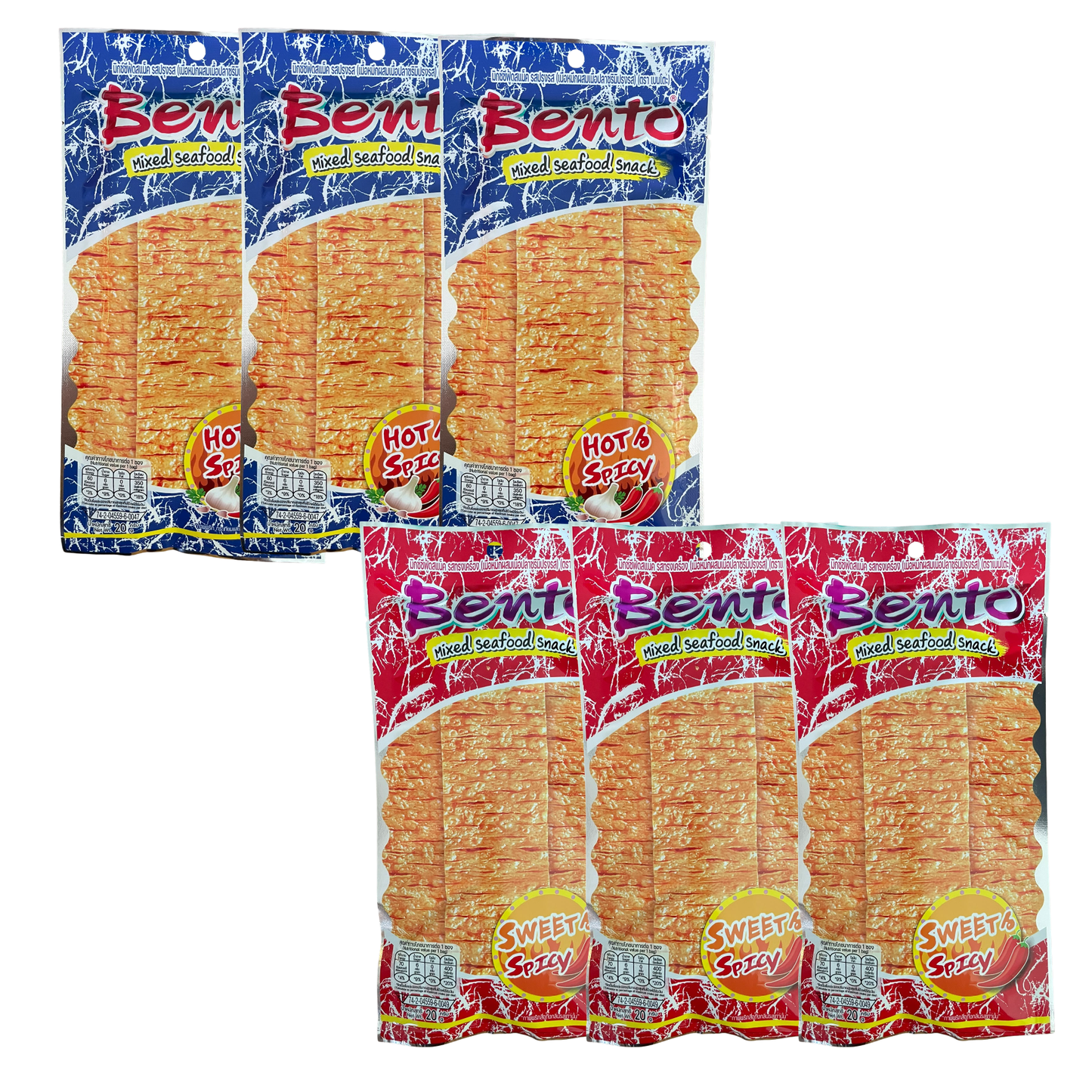 Bento Thai Mixed Seafood Snack 20g, (3 x Hot & Spicy, 3 x Sweet & Spicy) (Pack of 6)