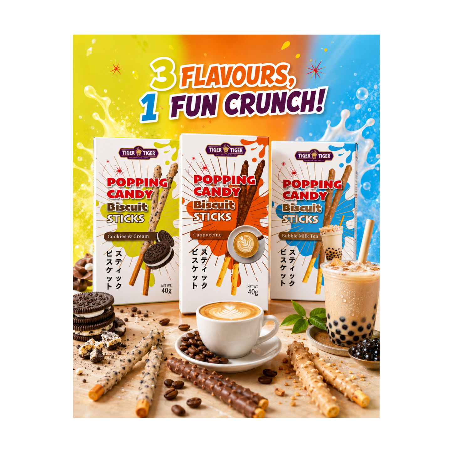 Tiger Tiger Popping Candy Biscuit Sticks (1 x Bubble Milk Tea, 1 x Cookies & Cream, 1 x Cappuccino) 3 Flavours, 40g (Pack of 3)