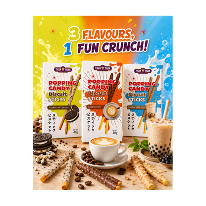 Tiger Tiger Popping Candy Biscuit Sticks (1 x Bubble Milk Tea, 1 x Cookies & Cream, 1 x Cappuccino) 3 Flavours, 40g (Pack of 3)