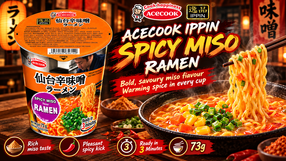 Acecook Ippin Japanese Instant Ramen Variety Pack – 8 Cups x 73g (Creamy Chicken Paitan, Black Tonkotsu with Garlic, Spicy Miso & Red Spicy Tonkotsu) (Copy)