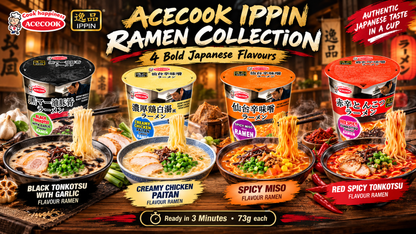 Acecook Ippin Japanese Instant Ramen Variety Pack – 8 Cups x 73g (Creamy Chicken Paitan, Black Tonkotsu with Garlic, Spicy Miso & Red Spicy Tonkotsu) (Copy)