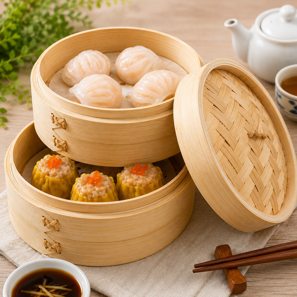 MP Bamboo Steamer 6" 2 Tier Set 2 Bases + 1 Lid