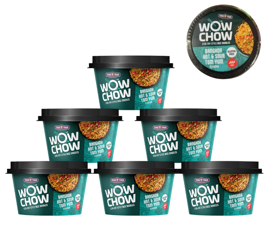 Tiger Tiger Wow Chow Bangkok Hot & Sour Tom Yum Pho Instant Noodle 76g x 6 Pots, Gluten-free, Thai Stir-fry Style, Rice Noodles