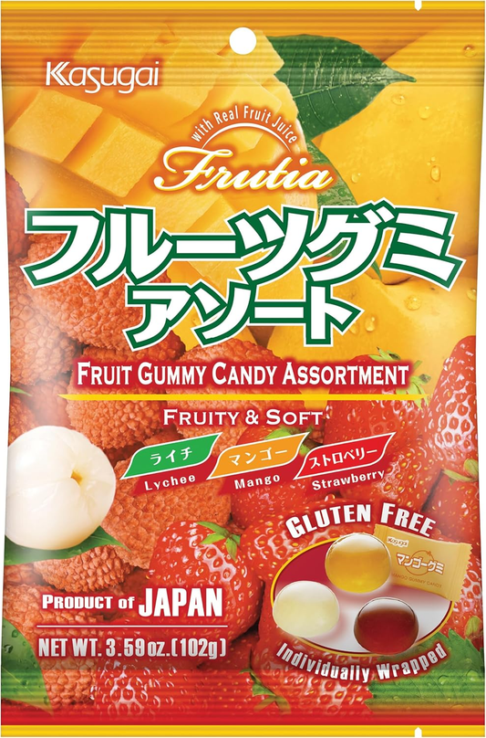 Kasugai Fruit Assort Gummy Candy 3 Flavor (Lychee, Mango, Strawberry) 102g